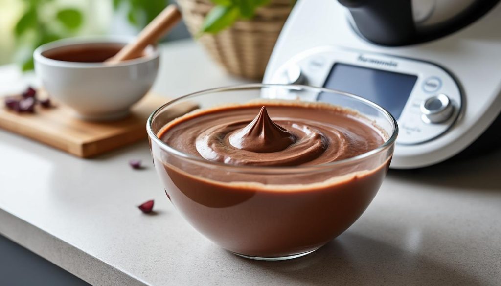 découvrez notre recette express de crème au chocolat réalisée au thermomix, pour une préparation rapide et une texture onctueuse à savourer sans attendre.