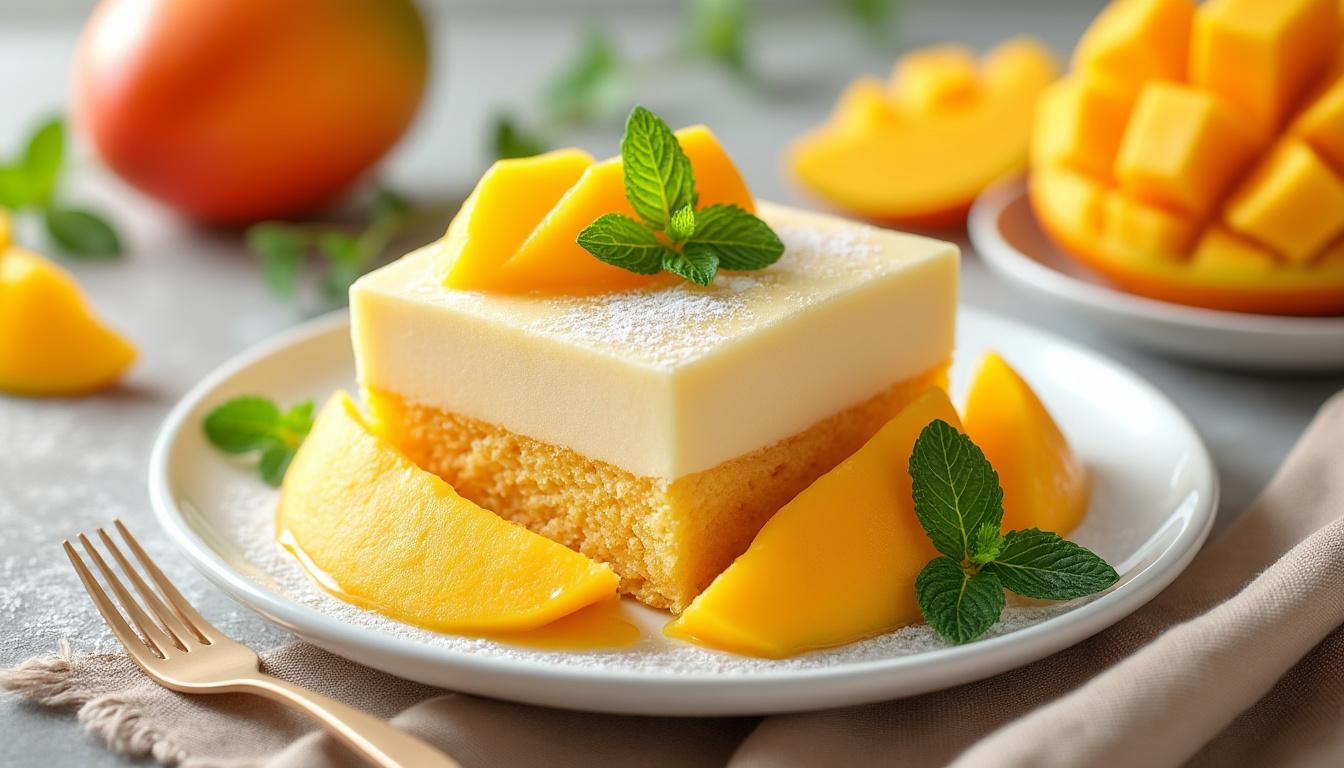 découvrez notre recette de dessert moelleux à la mangue et crème légère, parfaite pour un dessert frais et gourmand au goût exotique du manguier.