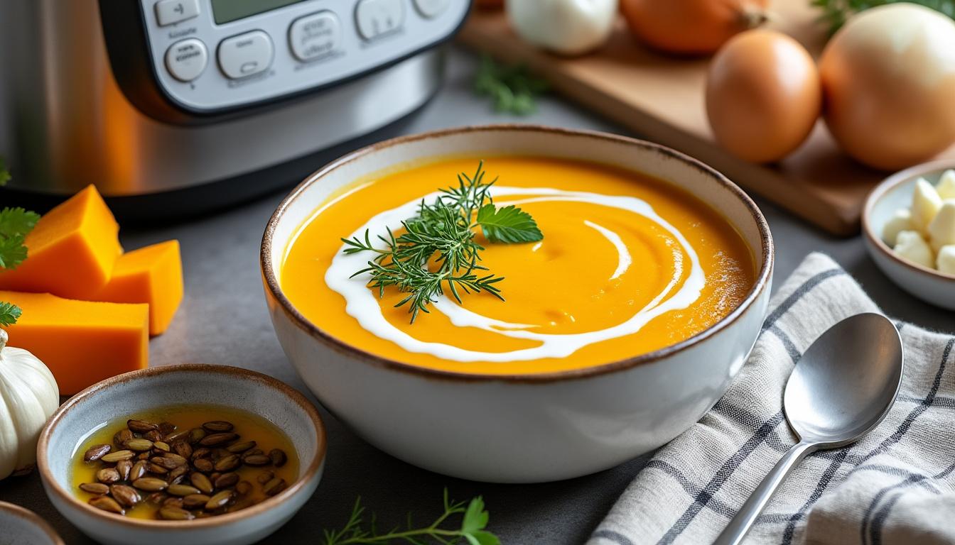découvrez notre recette de soupe butternut crémeuse réalisée au thermomix, avec des variantes originales pour varier les plaisirs et réchauffer vos repas.