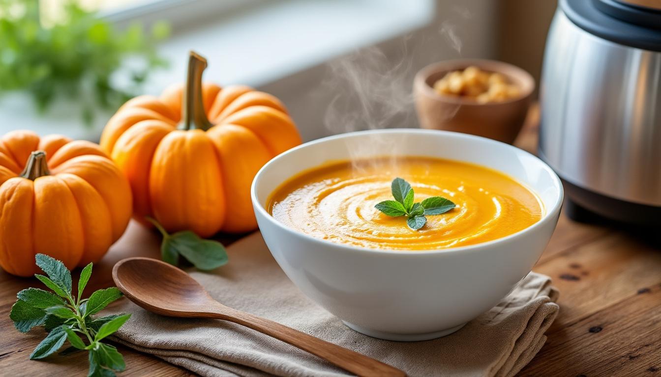 découvrez notre recette de velouté de potimarron au thermomix, facile et rapide à préparer pour un plat crémeux et réconfortant.