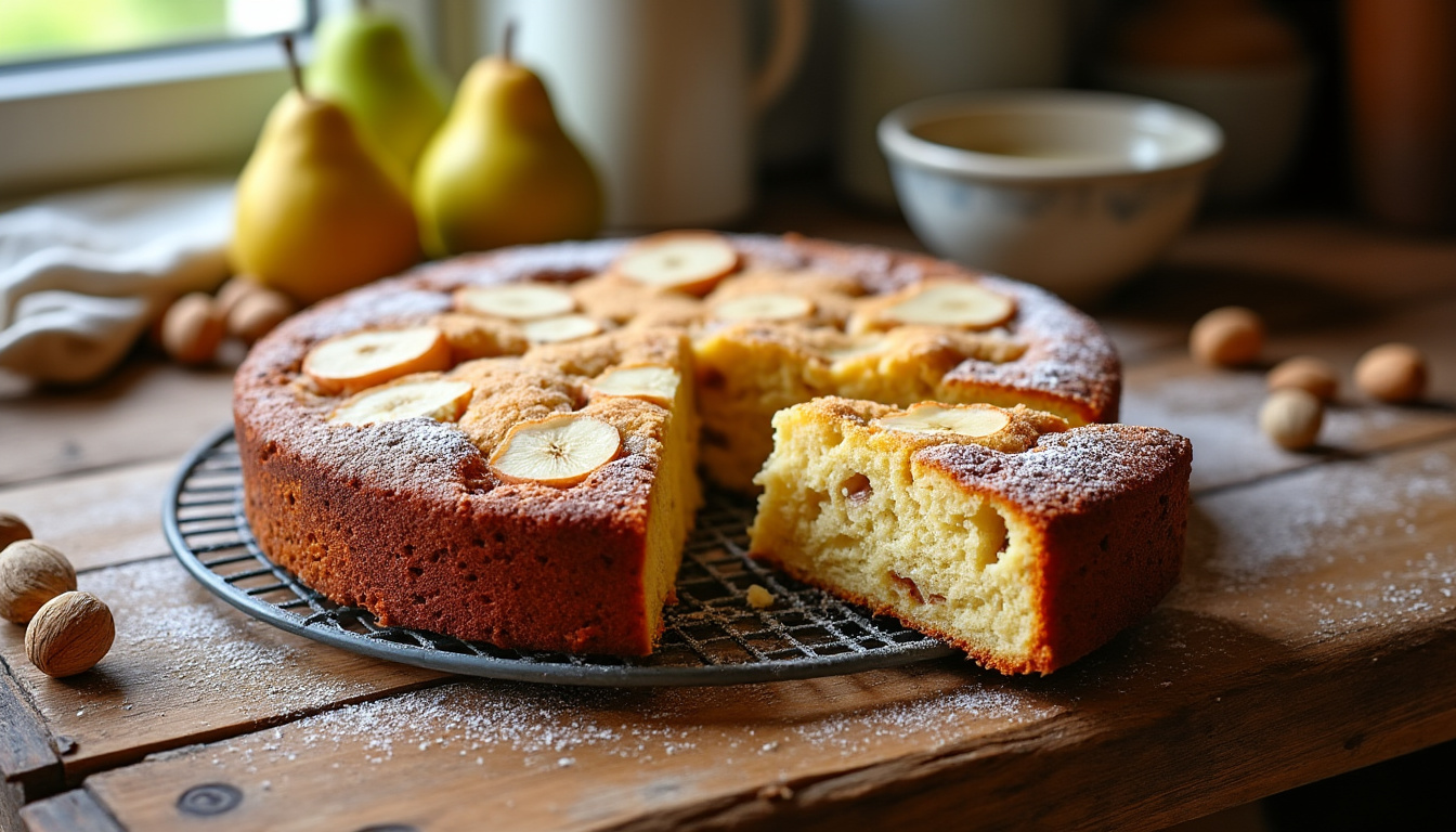 découvrez notre gâteau moelleux aux poires et aux amandes, une recette familiale simple et savoureuse pour des moments gourmands en toute convivialité.
